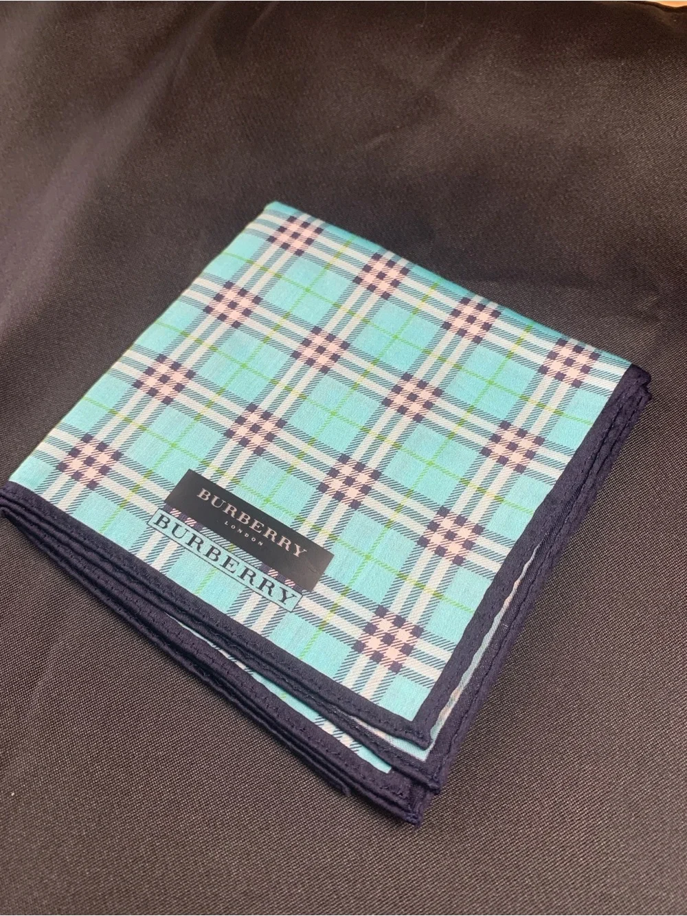 Burberry Plaid Handkerchief in Aqua Blue and Navy Trim